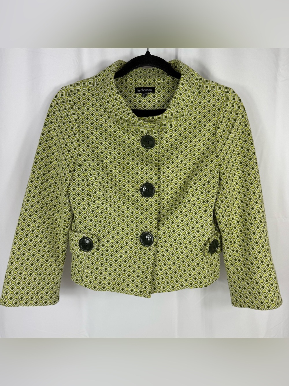 Vtg 90s Le Chateau XS Green Geometric Pattern Short Blazer Jacket Large Buttons